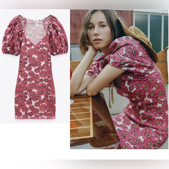 Zara Floral Pink Puff Sleeve Smocked Body Mini Dress Sz Medium Preppy Feminine - Picture 1 of 14